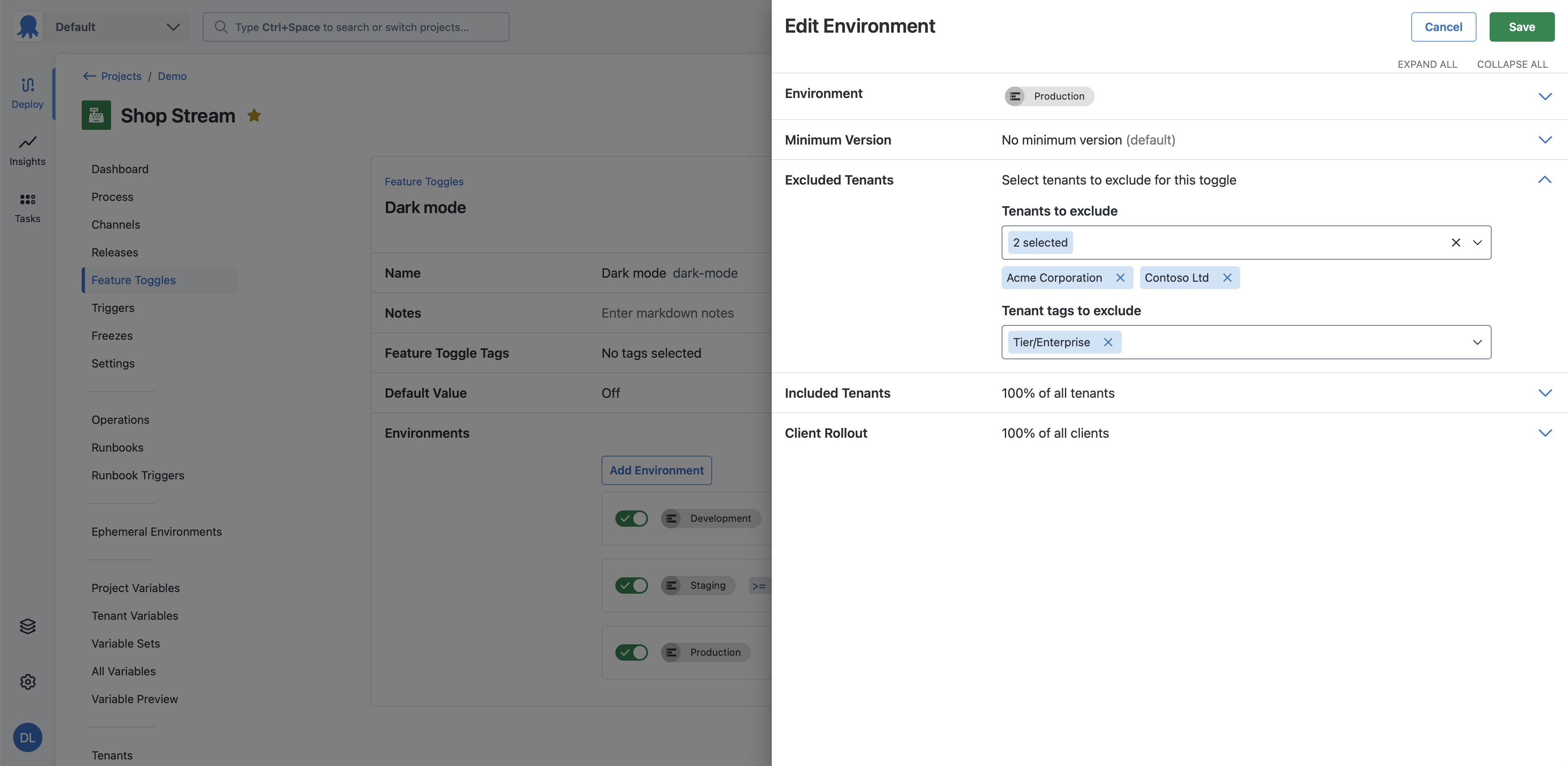 Screenshot of feature flag environment drawer, excluded tenants section expanded, tenants to exclude multi-select has Acme Corporation and Contoso Ltd tenants selected, tenant tags to exclude multi-select has Tier/Enterprise tag selected