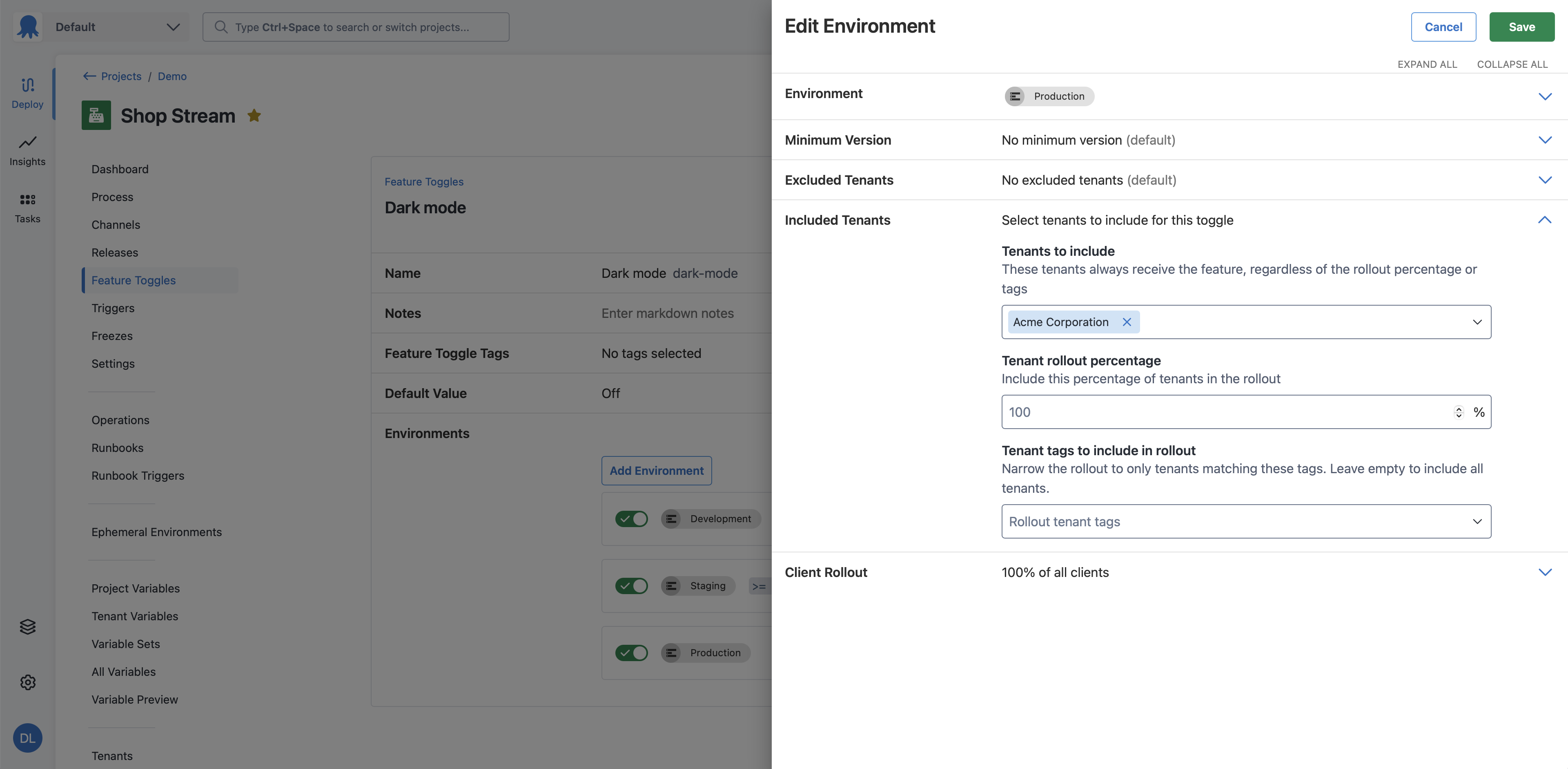 Screenshot of feature flag environment drawer, included tenants section expanded, tenants to include multi-select has Acme Corporation selected, tenant rollout percentage and tenant tags to include in rollout inputs are empty