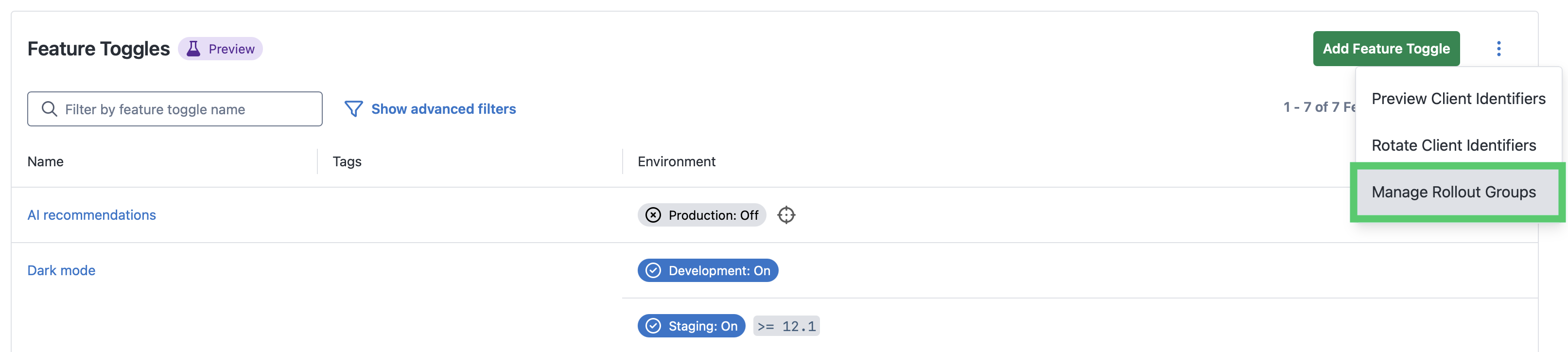 Screenshot of feature flag list page with overflow menu expanded highlighting the manage rollout groups button