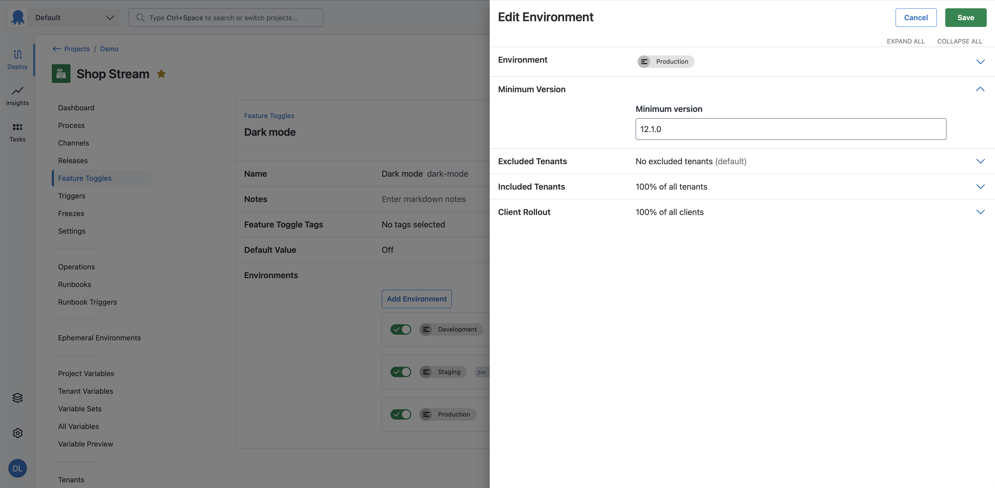 Screenshot of feature flag environment drawer, minimum version section is expanded, minimum version input has value 12.1.0
