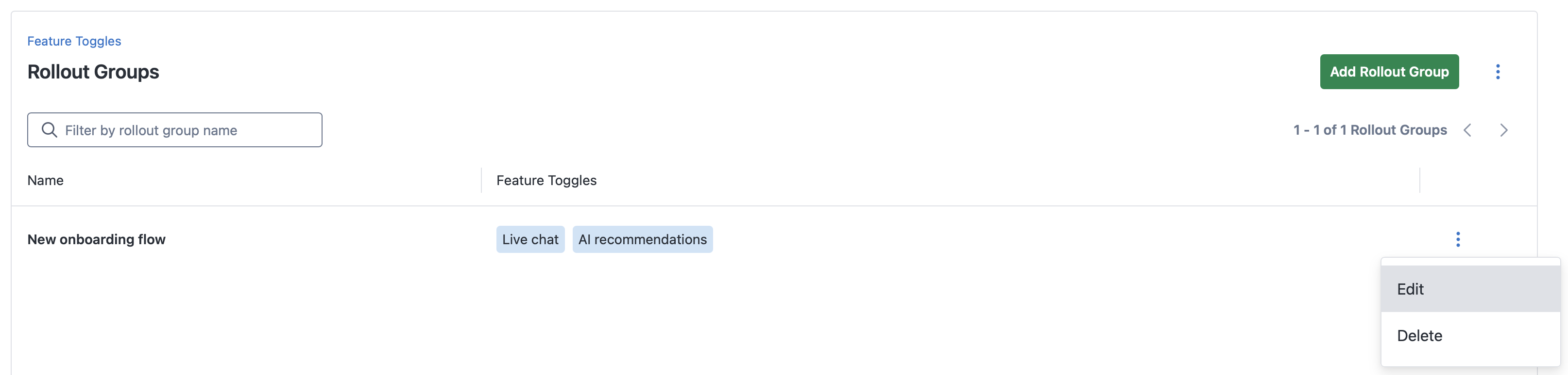 Screenshot of rollout group list page with a single rollout group named new onboarding flow, used by the live chat and AI recommendations feature flags, with the overflow menu expanded and showing edit and delete options