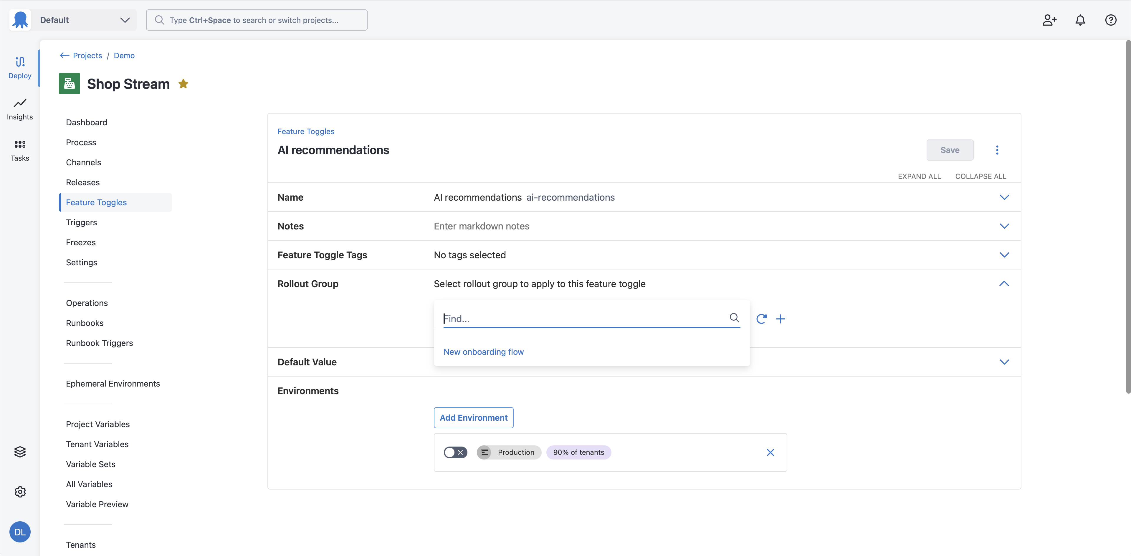 Screenshot of feature flag page showing rollout group selector expanded with new onboarding flow group selected