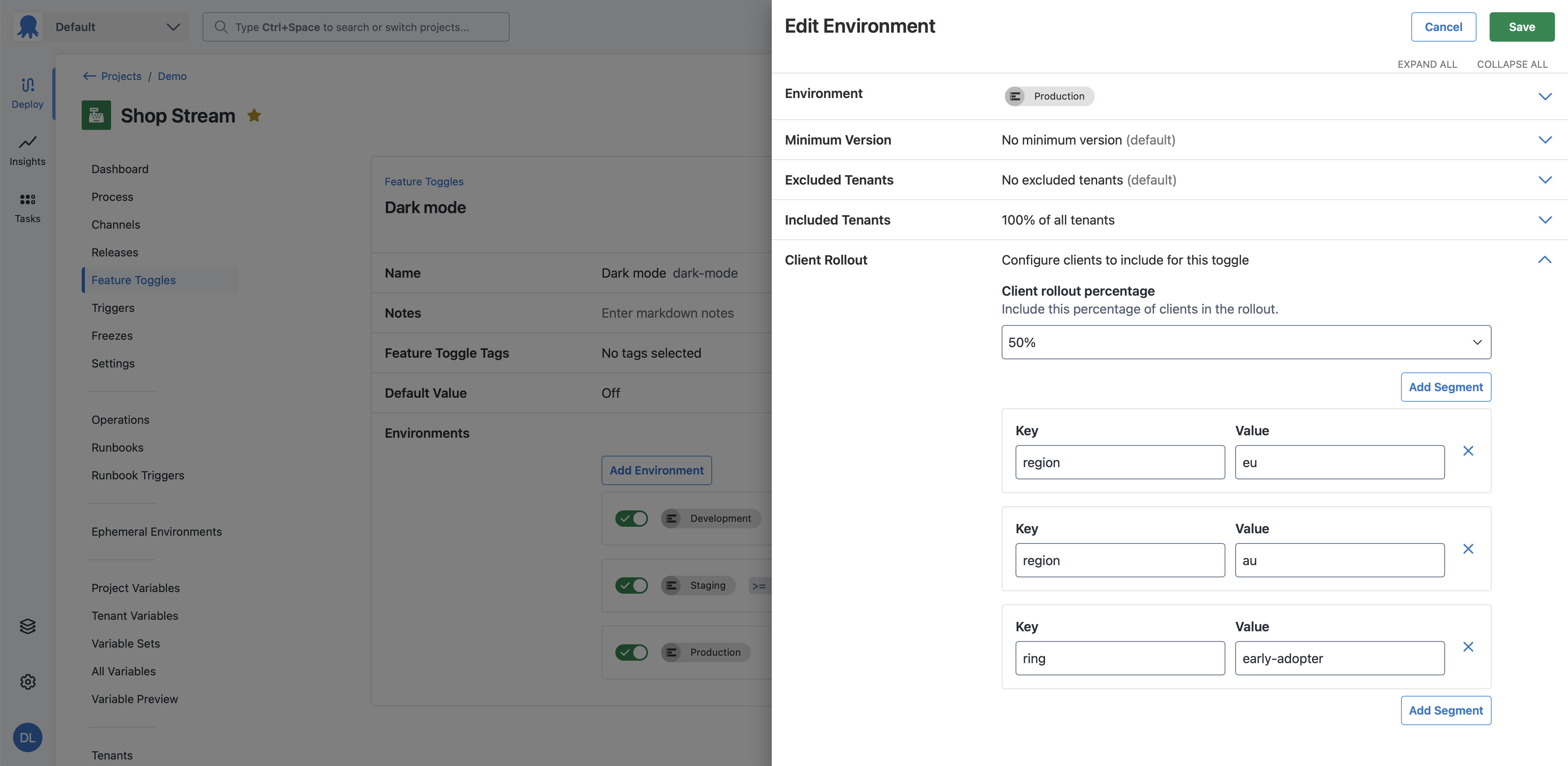 Screenshot of feature flag environment drawer, client rollout section expanded, client rollout percentage is set to 50% with 3 segments region/eu, region/au, and ring/early-adopter