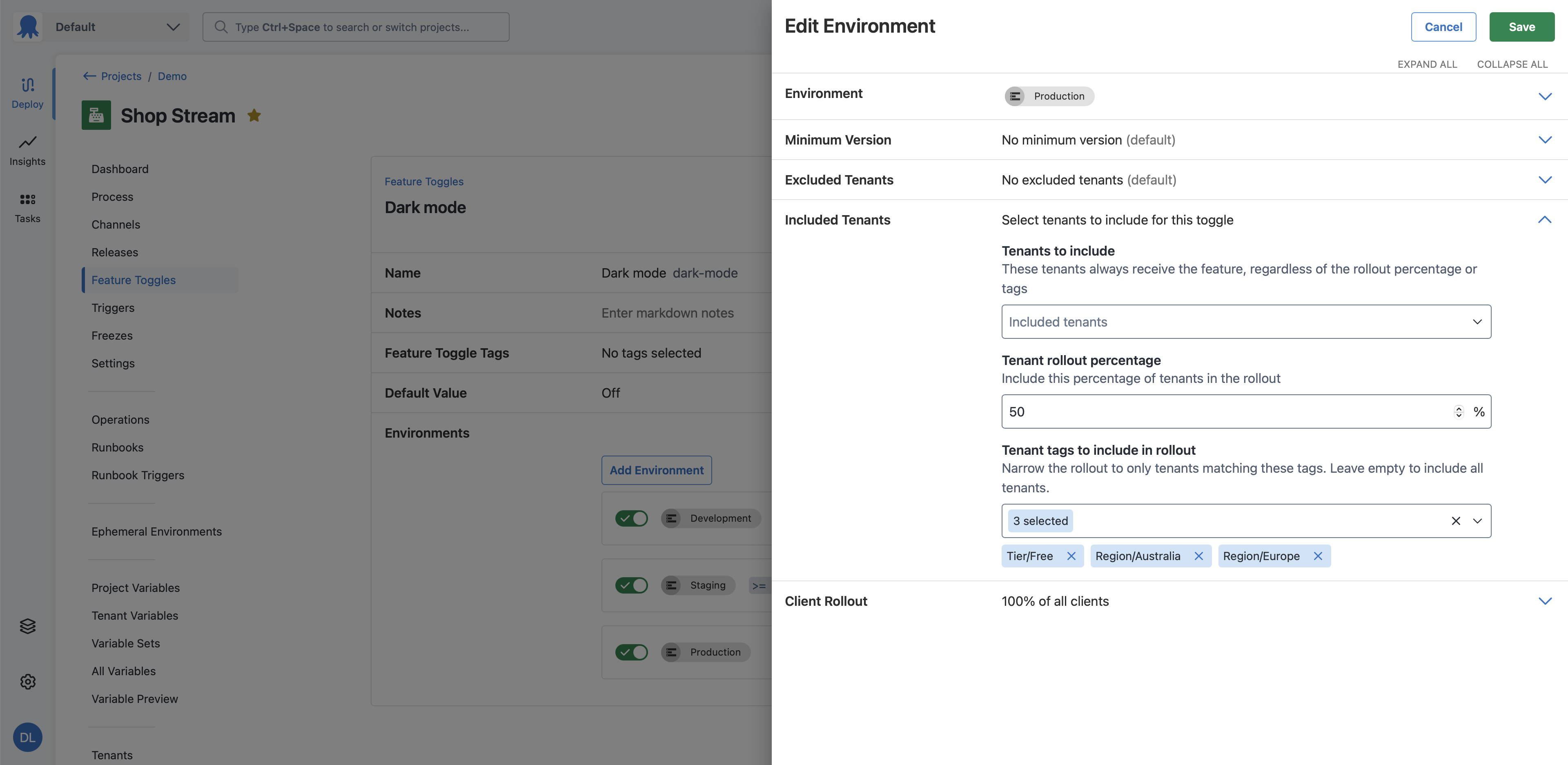 Screenshot of feature flag environment drawer, included tenants section expanded, tenants to include is empty, tenant rollout percentage is set to 50% and tenant tags to include in rollout multi-select has Tier/Free, Region/Australia, and Region/Europe selected